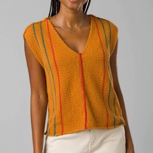 Prana Orange Short Sleeve Top with Red and Green Stripes